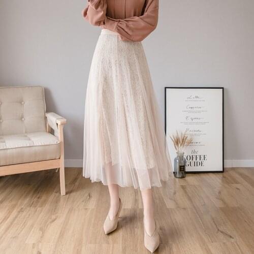 Elastic High Waist Lace Skirts Womens Spring Autumn 2021 New Korean Elegant Casual A-line Black Long Skirt Female Apricot