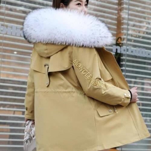 100% Real Raccoon Fur Collar Winter Fur Coat Womens Black Parka And Real Rabbit Fur Lining Coat Jacket