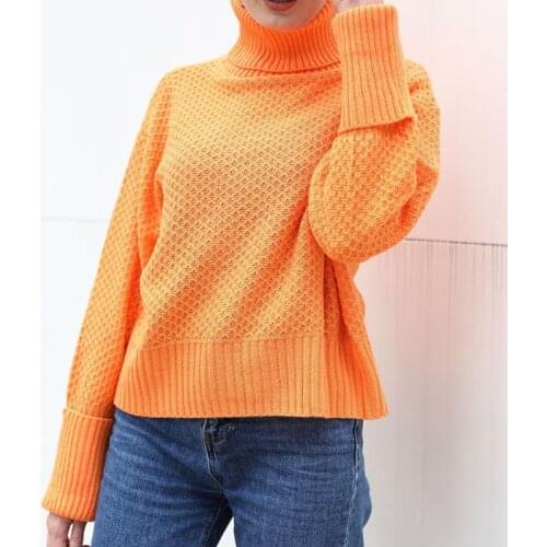 Women Long Sleeve Waffle Knit Sweater Turtleneck Neon Solid Color Jumper Tops