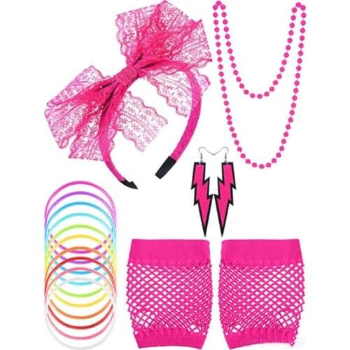 Womens 80s Cosplay Party Costume Outfit Set Headband Earrings Gloves Glasses F3MD