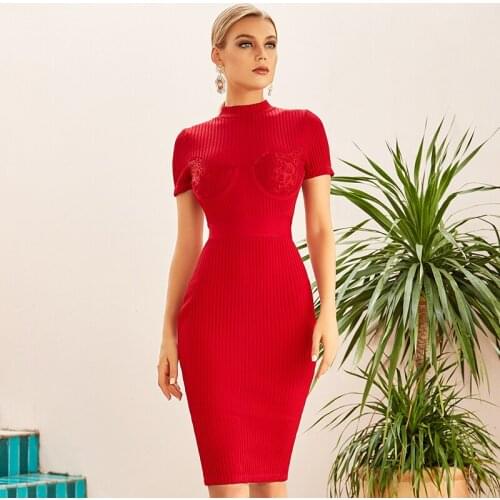 Free Shipping Wholesale 2021 Womens Dress Red Short Sleeve Stretch Knit Fashion Celebrity Cocktail Party Bandage Dress