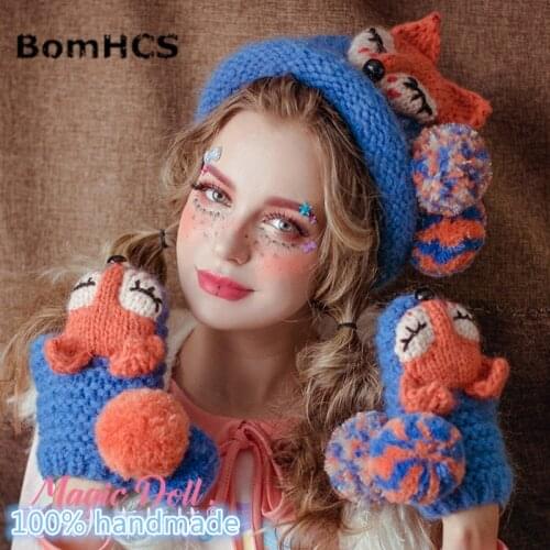 BomHCS Cute FOX Beanie Gloves Handmade Winter Warm Thick Knitted Hat Funny Caps (S for children 48-50cm, L for adult 53-61cm)