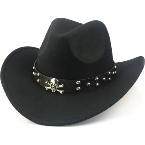 Winter woolen cowboy hat autumn men and womens fedora hat western riding hat outdoor skull head belt curled felt hat