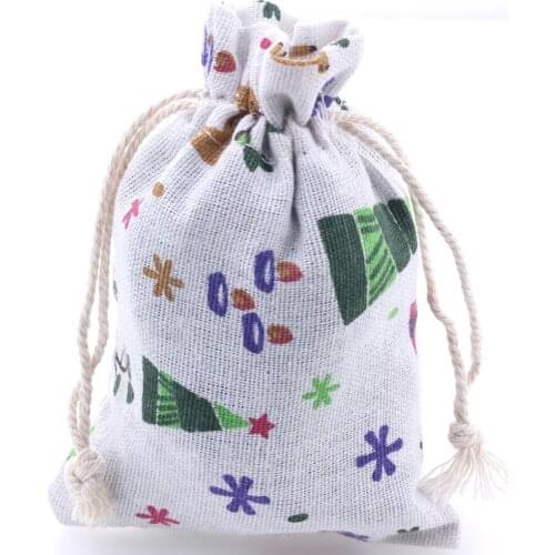 10pcs/lot Christmas Tree Deer Flower Linen Cotton Drawstring Gift Bags Wedding Birthday Party Favors Jewelry Packaging Pouch