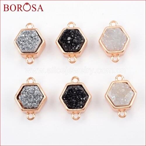BOROSA 10PCS Rose Gold Color Bezel Hexagon Natural Druzy Titanium Rainbow Drusy Connectors Double Charms for Jewelry DIY ZR0138