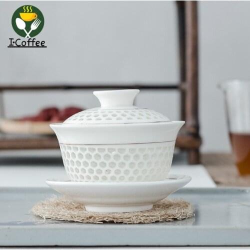 Tea Cup Large Gaiwan Delicate Hollow Ceramic Kung Fu Tea Ceremony Bowl Pot with Cover