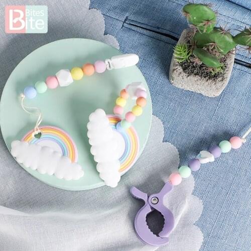 Baby Silicone Teether Beads Cartoon Rainbow Cloud Tiny Rod Teething Rodent Food Grade Pacifier Chain Baby Bracelet Trolley Chain