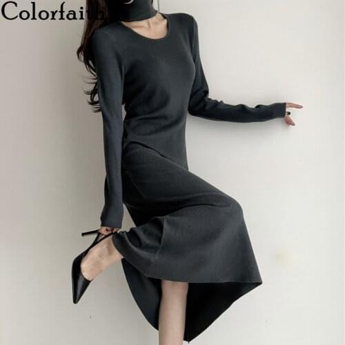 Colorfaith New 2021 Womens Autumn Winter Dresses Vintage Korean High Waist Cut Out Knitting Pure Elegant Lady Long Dress DR3298