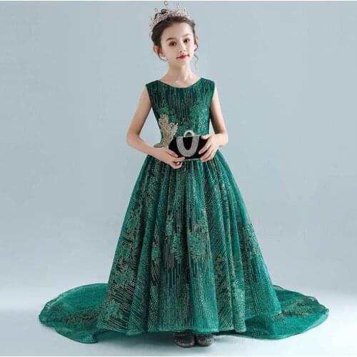Kids Catwalk Dress 2021 New Sequined Trailing Ball Gown Sleeveless Beading Wedding Birthday Party Dress For Girls Vestidos L806