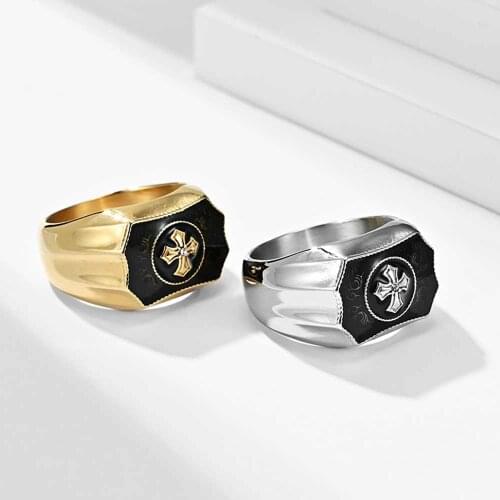 JHSL Cross Rings for Men 15mm Big Large Golden Silver Color Stainless Steel Fashion Jewelry Size 7 8 9 10 11 12
