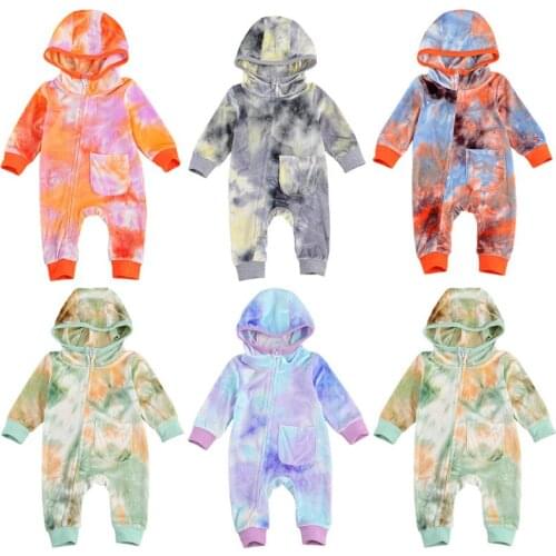Toddler Kids Baby Girls Romper Autumn Winter Baby Velvet Tie Dye Print Zipper Long Sleeve Hoooded Romper Jumpsuits Warm Outfits