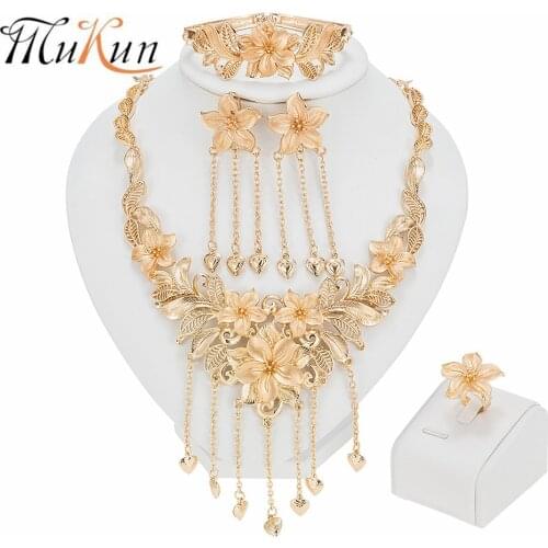MUKUN 2021 African Flower Necklace Fashion Jewelry Sets Charm Bridal Wedding Party Gift Bracelet for Women Stud Earrings Ring