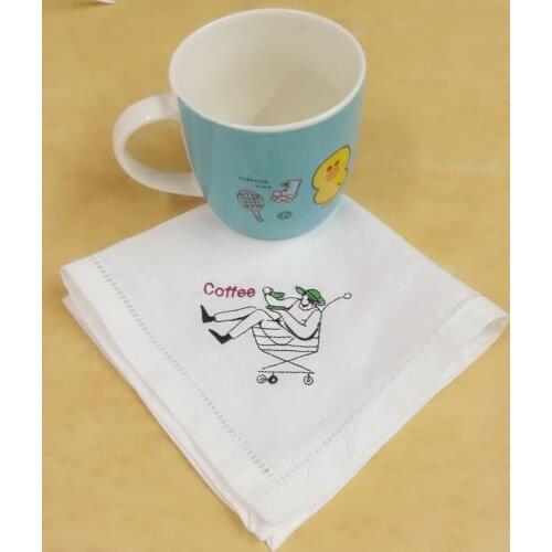 Set of 12 Fashion Coffee Napkin White Hemstitched Linen Tea Napkins with Embroidered Design Handkerchiefs12x12-inch
