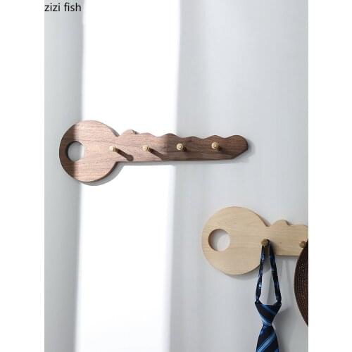 Walnut Wood Key Shaped Wall Hooks Home Clothing Storage Tools Brass Hook Coat Rack Room Backdrop Decoration Home Decor Modern