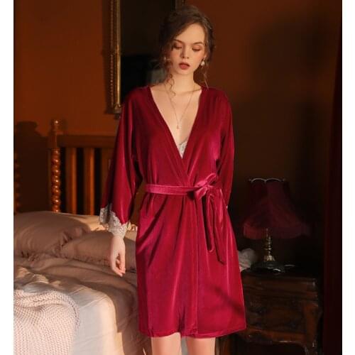 Winter Velvet Pajamas Robes Lace Bathrobes Sexy Deep V Dressing Gowns Women Sleepwear Robe with Sashes Loungewear Warm
