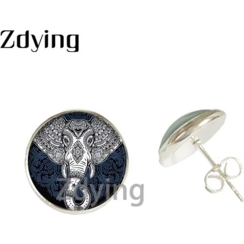 Zdying Elephant Stud Earring Glass Animal Art Picture Cabochon Jewelry For Woman Girls Party Wedding Bohemia DIY Jewelry HM174