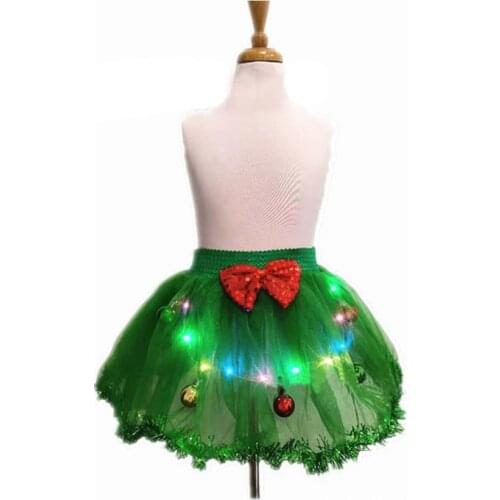 Girls Luminous Skirt Children Princess Net Gauze Tutu Skirt Christmas Party Ball Dress Up Dance Performance Bow Bell Green Skirt
