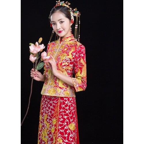 Chinese Traditional Wedding Dress Long Embroidery Dragon Phoenix Cheongsam Stylish Elegant Bride Vintage Gorgeous Satin Qipao