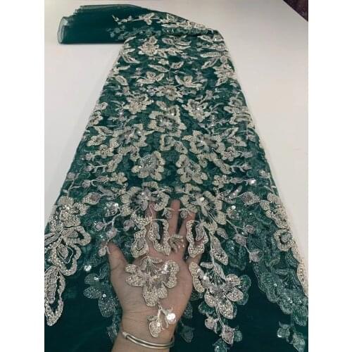 5yards/pc) High grade teal green African tulle lace bling bling tube beads sequins embroidered tulle lace fabric FXZ108