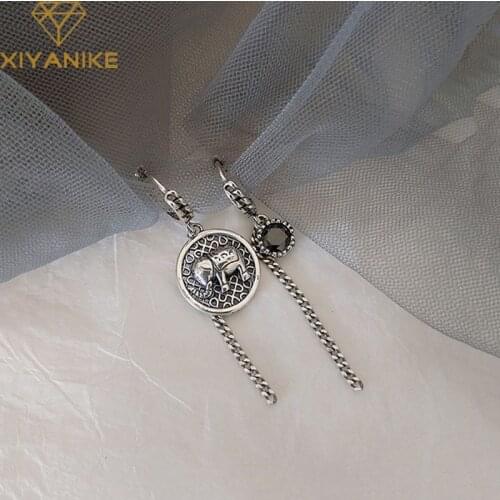 XIYANIKE 925 Sterling Silver Vintage Asymmetric Elephant Round Thai Silver Earrings Tassel Chain Earrings Party Accessory Gifts
