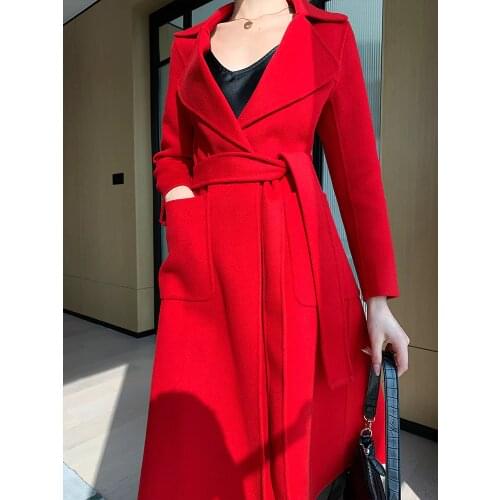 Bright Red Benmingnian Double Faced Cashmere Overcoat Womens Middle Long Autumn and Winter 2021 New Slim Denim Overcoat