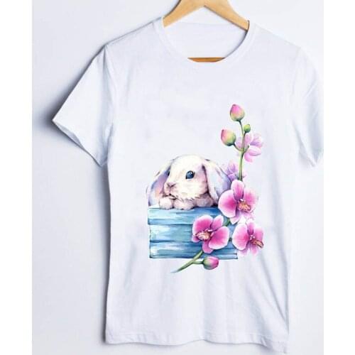 Tees for Women Cartoon Rabbit Flower Lovely 90s Casual Short Sleeve Fashion Ladies Clothes Lady Tops Clothing Female T T-Shirt