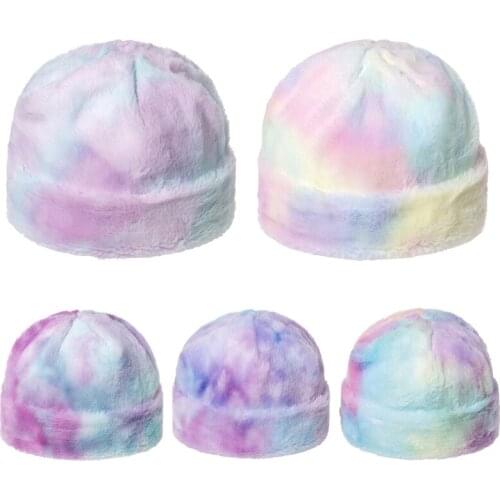 Women Men Winter Warm Fuzzy Plush Beanie Hat Rainbow Tie-Dye Print Cuffed Brimless Hip Hop Landlord Docker Skull Cap