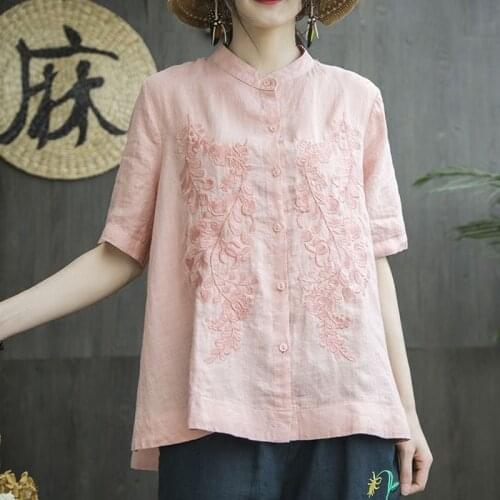 Pure cotton shirt collar top 2021 literary embroidery loose show thin size short-sleeved shirt female imitation linen shirt