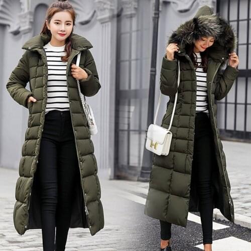 M-3XL Womens winter cotton clothes New fashion casual long slim down jacket Thicken coat hooded fur collar polyester down coat