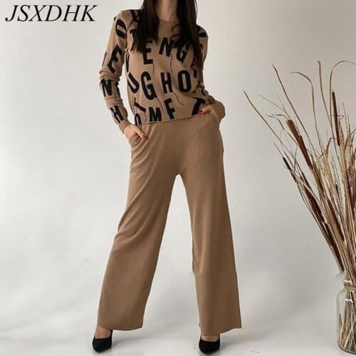New Autumn Winter Letter Printed Knitted Sweater 2 Piece Set Women O Neck Loose Pullover + Wide Leg Pants Suits Female Tracksuit