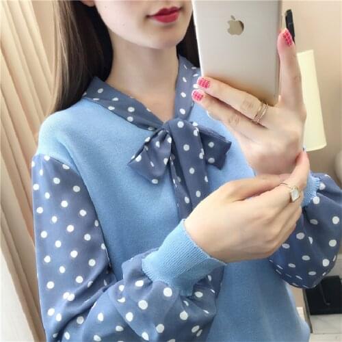 Spring Autumn Bow V-Neck Long-Sleeved pullover Sweater Women 2021 New Korean Fashion Loose Versatile Chiffon Knitting Top Female