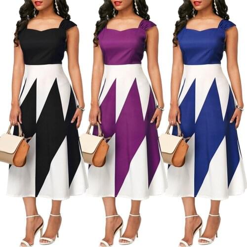 50%HOT Party Women Color Block Square Neck Sleeveless High Waist A-Line Midi Dress