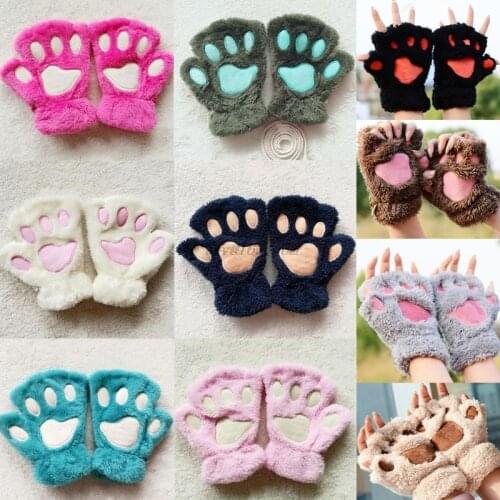 1Pair Women Girls Lovely Winter Warm Fingerless Gloves Fluffy Bear Cat Plush Paw Claw Half Finger Gloves Mitten New