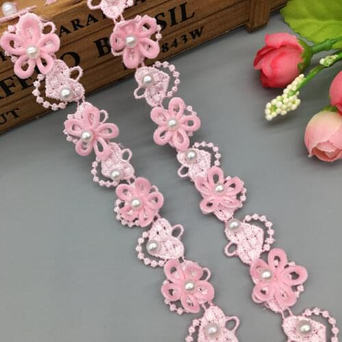 1 Yard Pink Pearl Hearts Flowers Wave Embroidered Lace Trim Ribbon Fabric Sewing Craft For Costume Wedding Dress Decoration