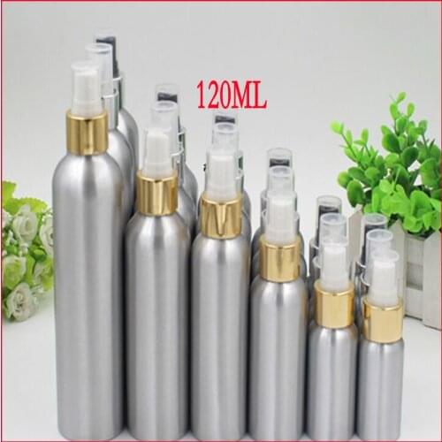 120ml Aluminium bottle pump sprayer bottle w silver/gold shoulder metal bottle Refillable bottle mist sprayer 100pcs/lot