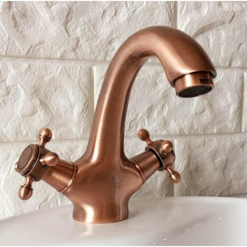 Antique Red Copper Brass Single Hole Deck Mounted Double Handles Bathroom Vessel Basin Sink Faucet Mixer Water Taps mnf390