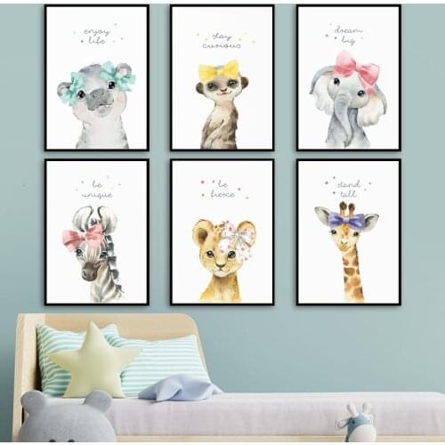 Bowknot Lion Zebra Giraffe Elephant Hippo Nursery Wall Art Print Canvas Painting Nordic Poster Wall Picture Baby kids Room Decor