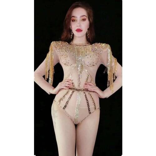Sparkly Gold Women Sexy Rhinestone Sequins Bodysuit Singer DJ DS Dance Costumes Bar Pole Dance Dress Gogo Dancer Outfits