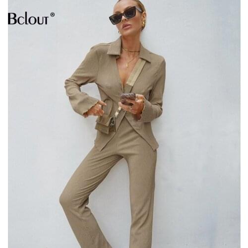 Bclout Sexy Khaki Turn Down Collar Blouses Elastic Waist 2 Sets Women Summer Solid Long Sleeve Blouses Long Trouser Suits 2021