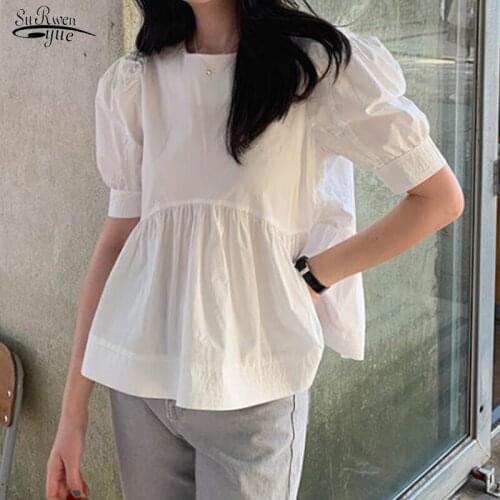Summer New 2021 Solid Cotton White Blouses Korean Version Sweet Cute Round Collar Bubble Short Sleeve Shirt Blusa Feminina 14038