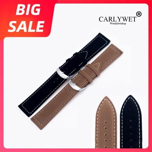 CARLYWET 18 22mm Top Quality Suede Leather Black Brown Watch band Strap Belt Silver Polished Pin Buckle For Rolex Omega Tissot