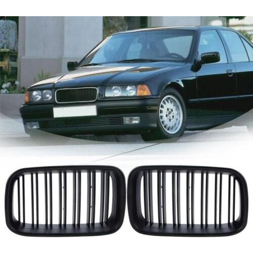 2Pcs Double-slat Replacement Car Grille Matt Black Front Hood Kidney 51138122237/51138122238 for BMW E36 92-96