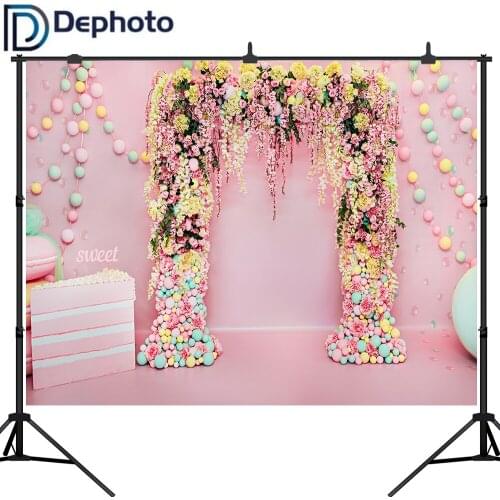Dephoto Sweet 16 Birthday Party Photography Backdrops Pink Cakes Flowers Balls Wedding Decorated Arched Door photo Background
