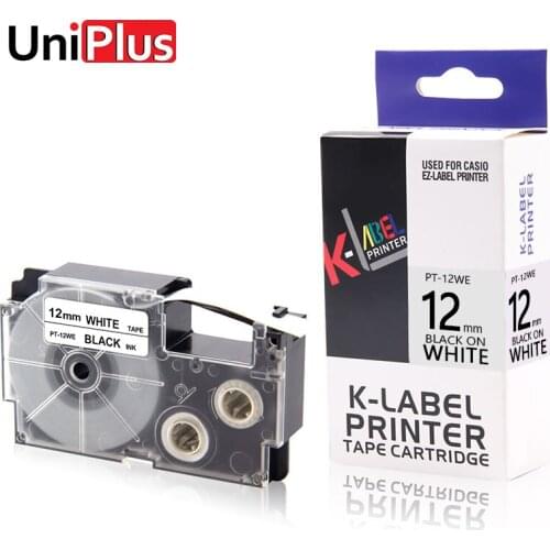 UniPlus 12mm XR-12WE Label Tapes for Casio EZ Label Printer Typewriter Black on White 8m Long Labelmaker KL-120 KL-P20 KL-P30