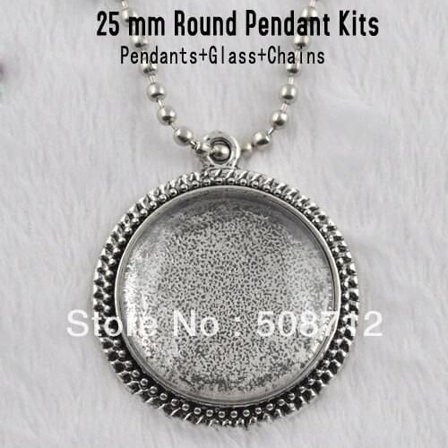 Fre Ship!!! Diy alloy pendant vintage 25mm Antique silver circle bottom+ glass +75cm ball chain