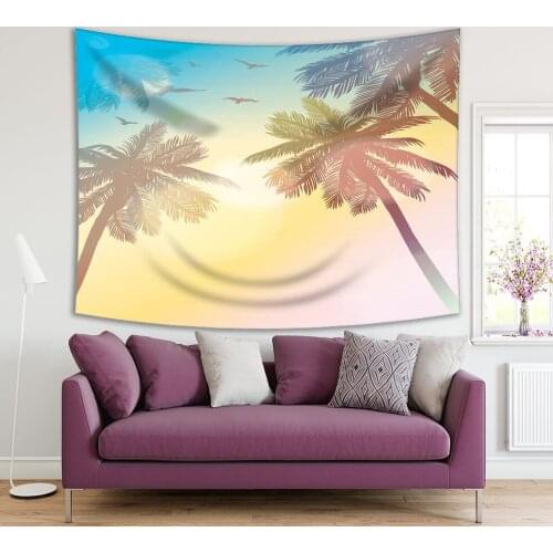 Tapestry Summer Beach with Colorful Sky Palm Trees Seagulls Sunbeams Pink Yellow Blue Tropical View Print
