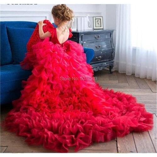 124 red fashion flower girl dresses/tulle baby birthday gowns boat-neck V-back floor-length free shipping