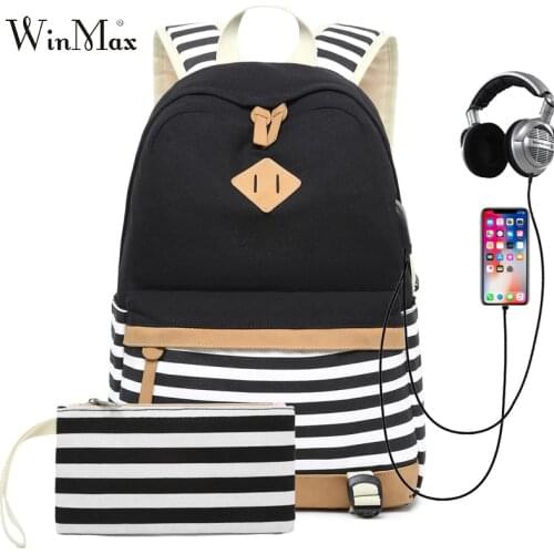 2 Sets USB School Bags For Teenager Girls Backpack Laptop Bag Women Travel Backpacks Phone Bag Striped Print mochila feminina