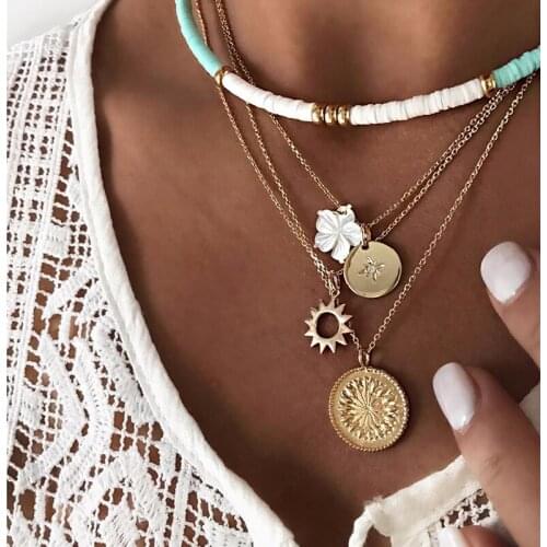 5 Pcs/Set Women Gold Necklaces Set Bohemia Star Sun Flower Bead Pendant Chain Multilayer Necklace Fashion Party Jewelry Gift