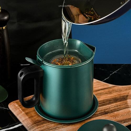 Kitchen Storage Oil Strainer Grease Pot 1.7l Aluminum Oil Storage Can Container With Fine Mesh Filter Dust Lid Anti Slip Plate
